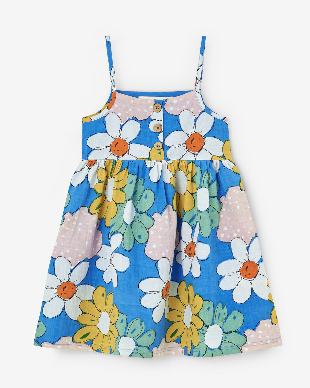 Blue dress with big yellow, green and white flowers. Centre opening with brown coconut buttons. Made by Nadadelazos