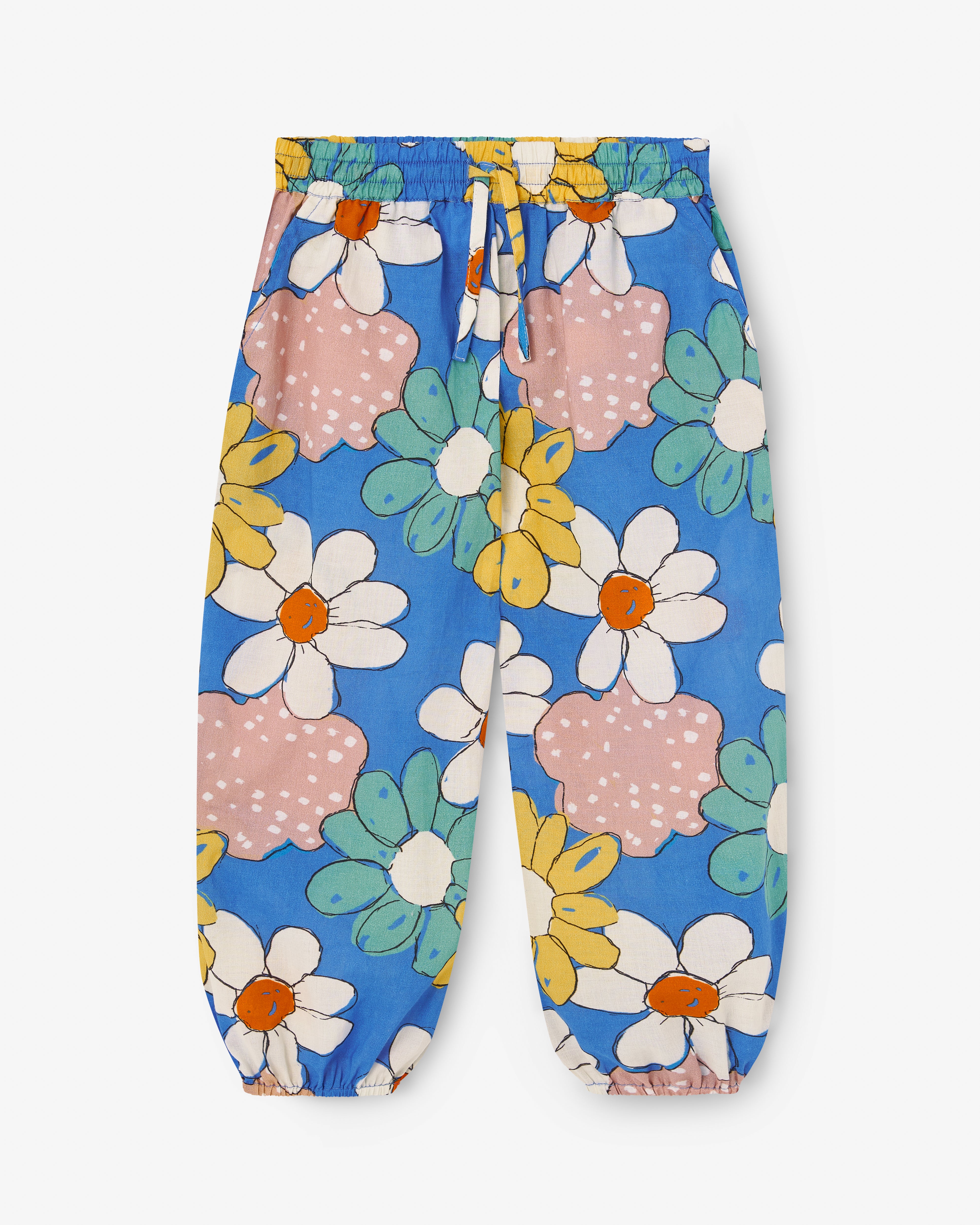 Blue trousers with big colourful flowers all-over print. It has an elastic waistband with adjustable cord. It also have two side pockets. Made by nadadelazos