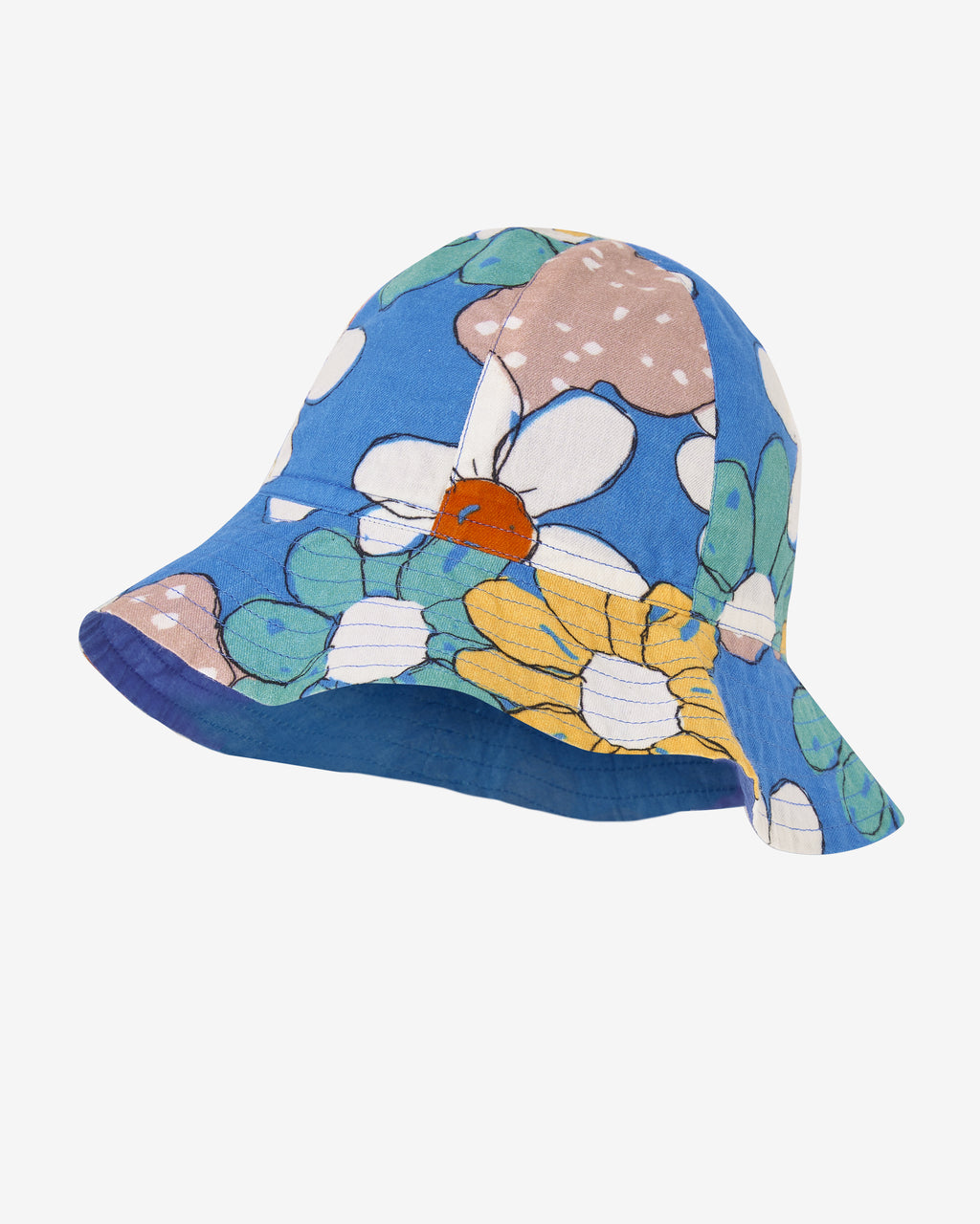 Blue sun hat with big colourful flowers all-over print. Made by Nadadelazos