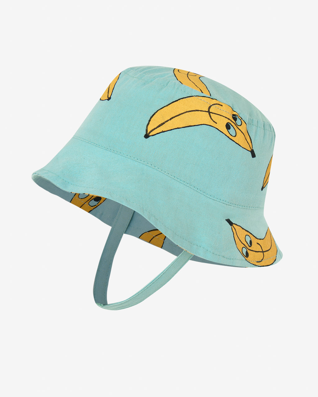 Turquoise bucket-style sun hat with a yellow bananas all-over print. This hat comes with 2 straps to make it easier to fit on the child's head. Made by Nadadelazos